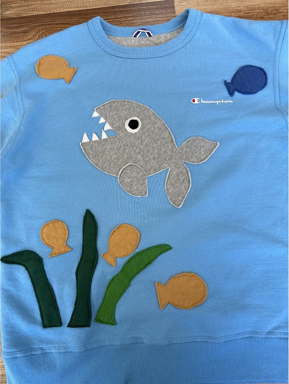 Upcycled Champion Fish Sweatshirt Cotton and Blue Co Large Blue Crewneck - Picture 3 of 4
